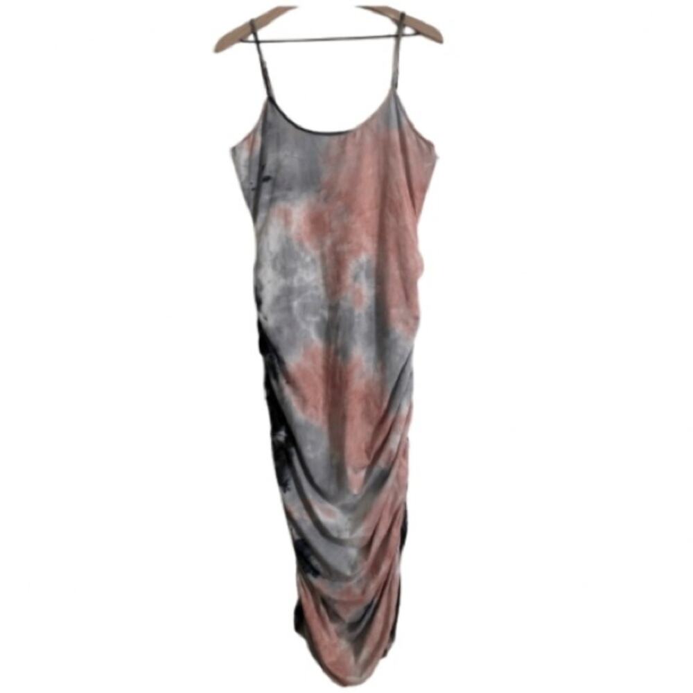 Fashion Nova Tie Dye Blue Pink Purple Bodycon Ruched Midi Spaghetti Strap Dress